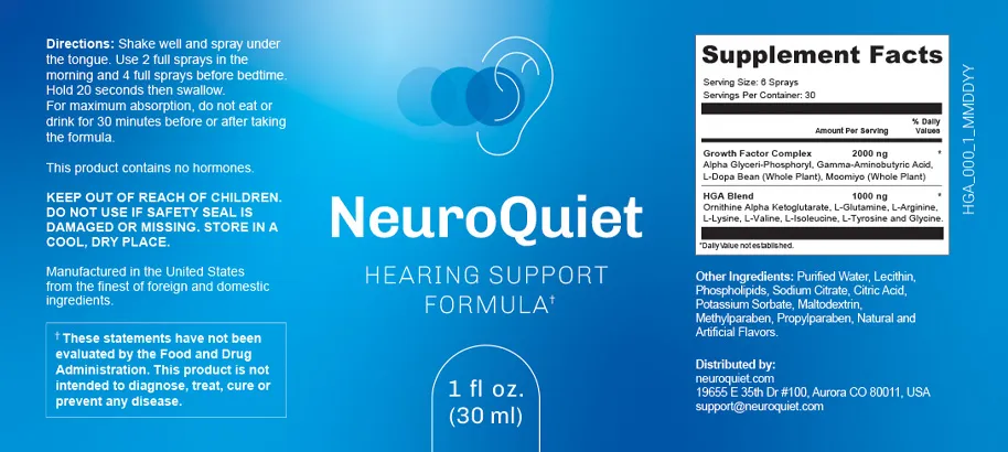 Full label artwork showing NeuroQuiet dosage, supplement facts and other ingredients